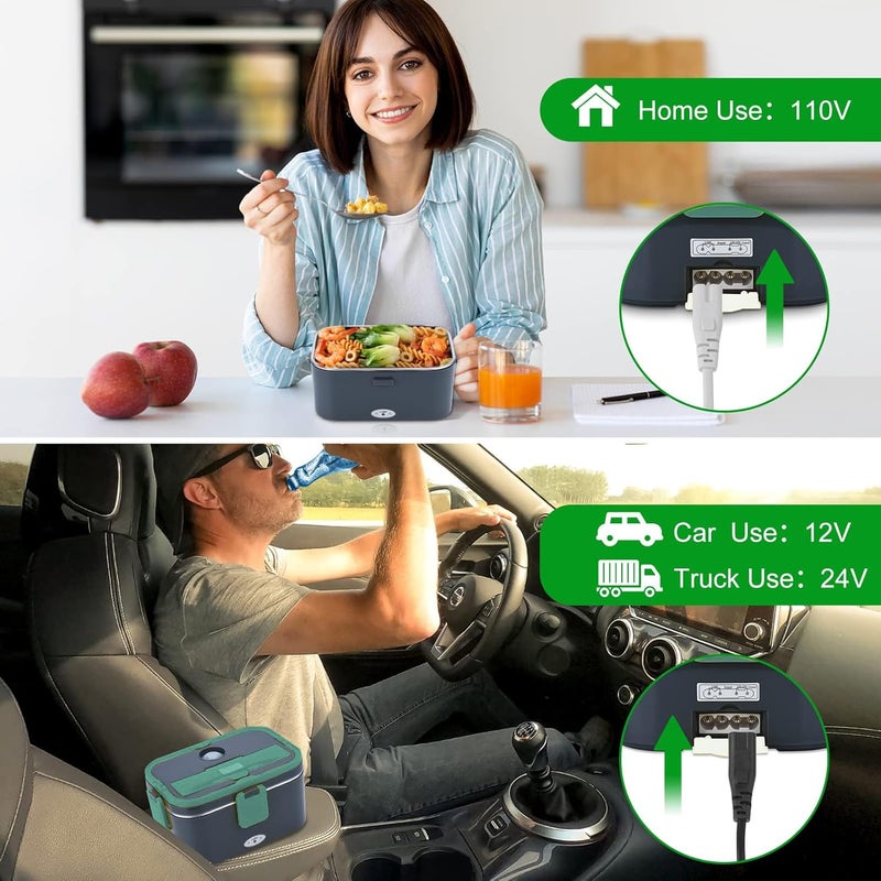 FVW Electric Lunch Box Food Heater, Portable High-Power Food Warmer for Car & Home, Smart Automatic Heating Hot Meal Container with Detachable 304 Stainless Steel Box, Fork & Spoon - Image 2